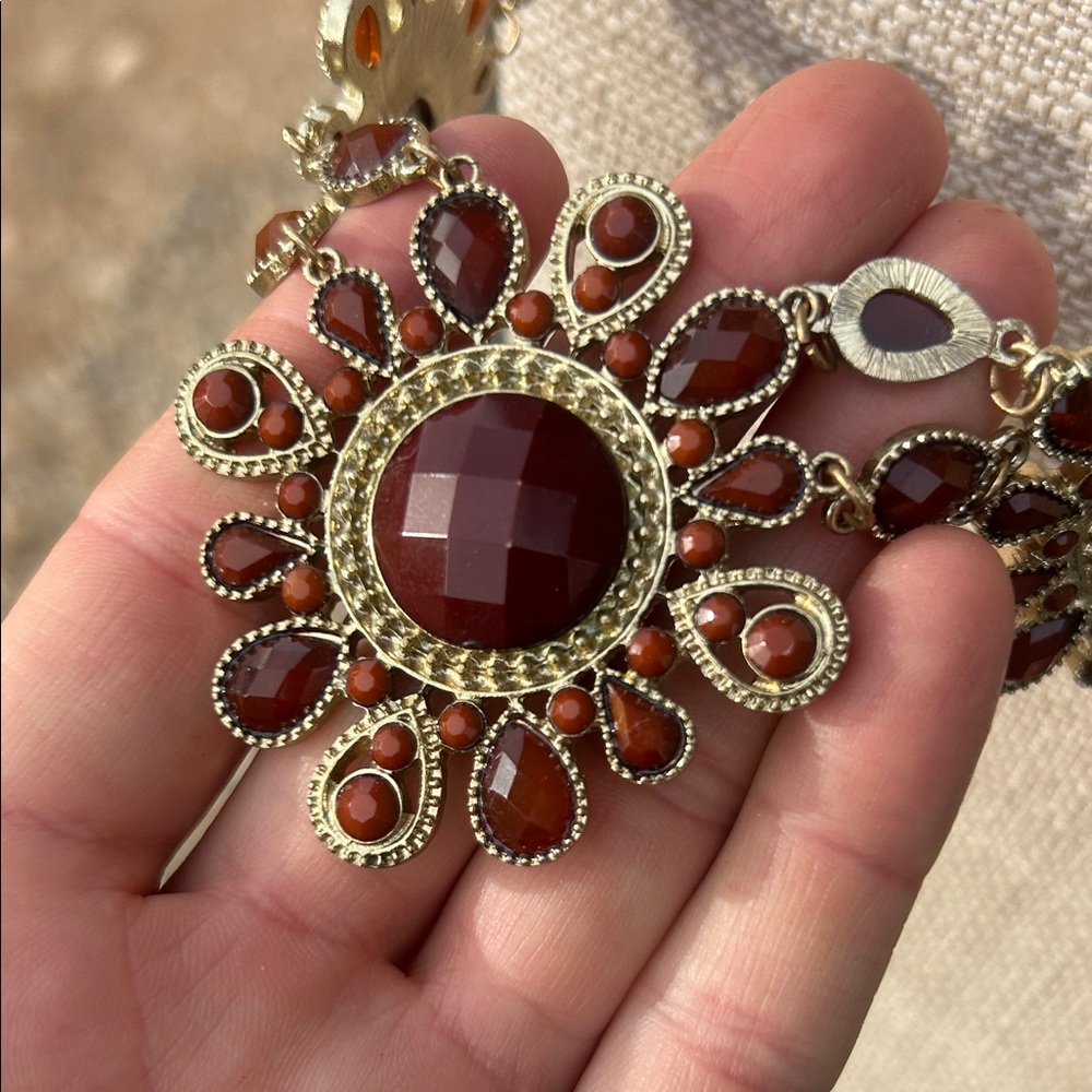 Vintage Gold-Tone Necklace with Deep Red & Burnt Orange Floral Drops - Picture 6 of 11